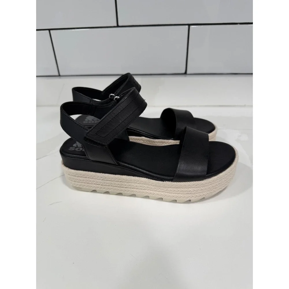 Sorel Cameron Flatform Espadrille Sandals Black Leather Platform Womens